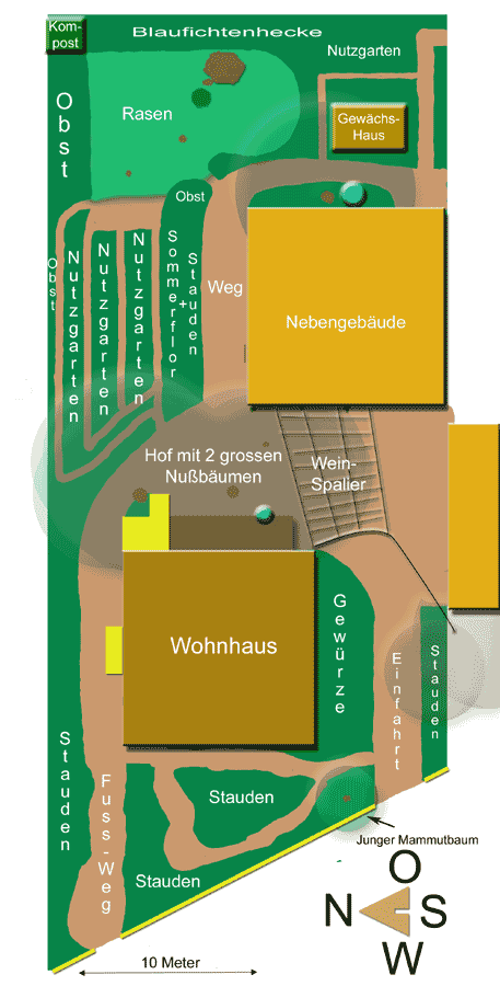 Der untere Planbereich (westlich und südlich des Wohnhauses) stellt den
